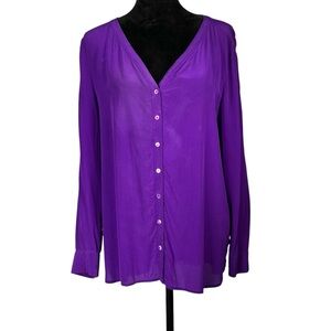 Eileen Fisher Purple Silk Blouse Button Down Shirt Long Sleeve V-Neck Tunic
